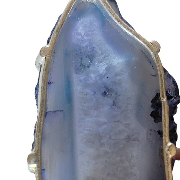 Blue Agate Slice Pendant – Sterling Silver Handmade 3" Crystal Necklace - Picture 10 of 12